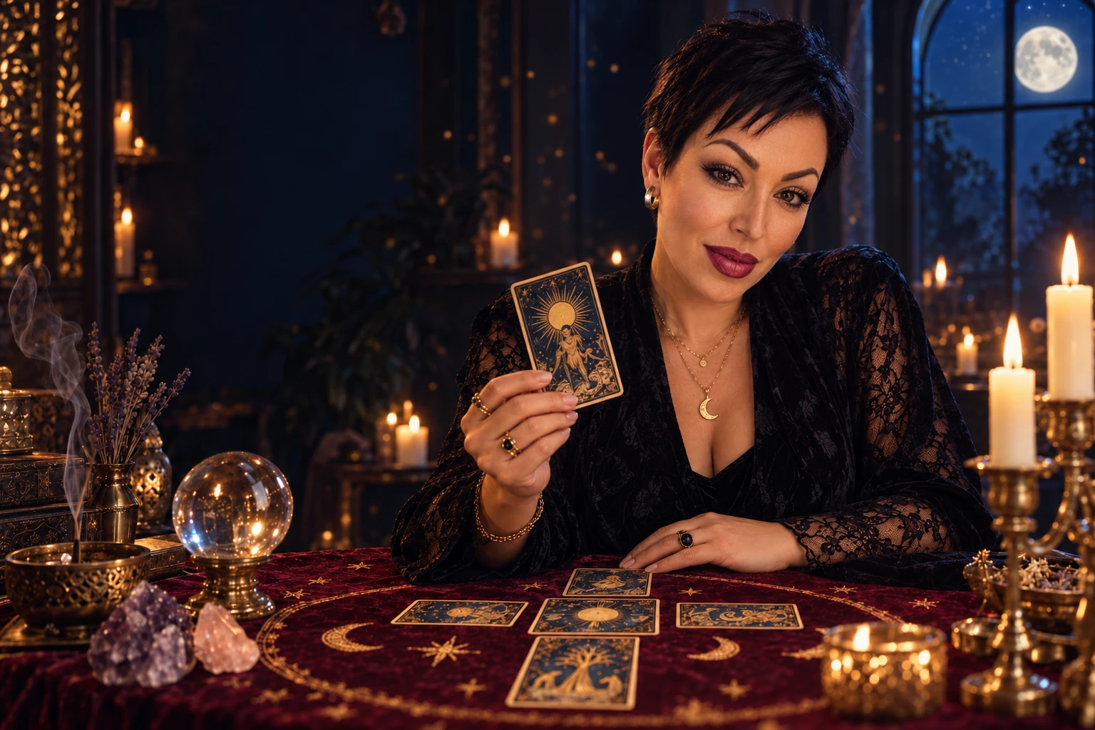 Kartenlegerin mit ausgelegten Tarotkarten bei Kerzenschein
